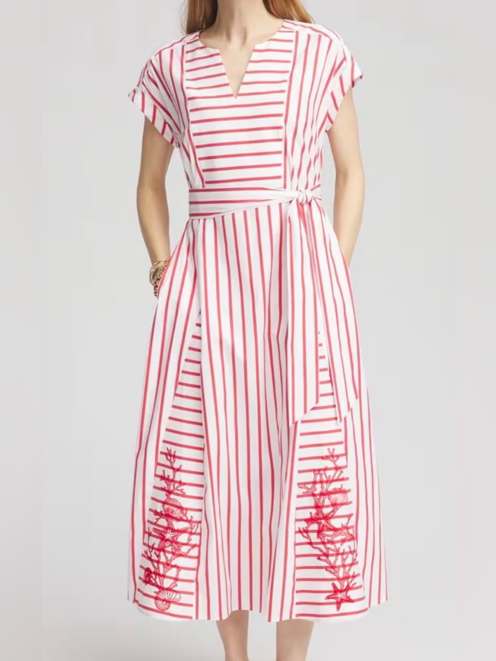 Chico's Red Striped Alabaster Sea Shell Godet Poplin Maxi Dress